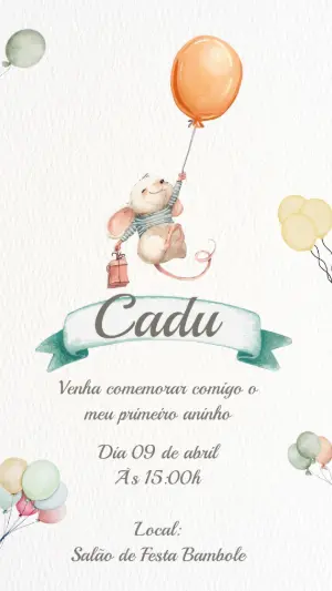 Convite de Aniversário Ratinho Aquarela com Balões Editável