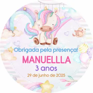 Etiqueta Redonda Aniversário Unicórnio Aquarela para Editar