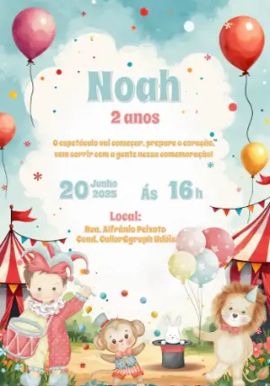 Convite Aniversário Circo com Animais Fofos para Editar Online