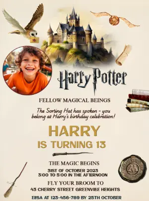 Harry Potter Birthday Invitation with Photo, Editable Template