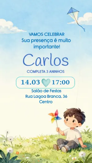 Convite de Aniversário Menino Pipa Aquarela para Editar