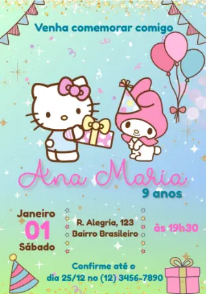 Convite de Aniversário Hello Kitty e Amigos para Editar Online