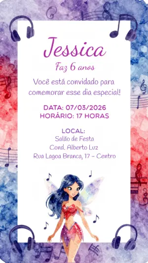 Convite de Aniversário Fada da Música Aquarela para Editar