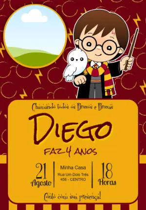 Convite de Aniversário Harry Potter Chibi Editável