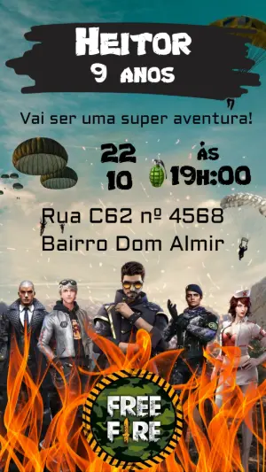 Convite Editável Aniversário Free Fire Estilo Jogo de Ação
