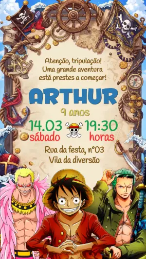 Convite de Aniversário Infantil One Piece Editável