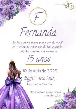Convite 15 Anos Princesa Lilás para Editar Online