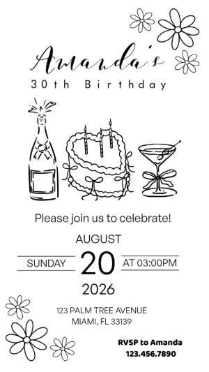 Editable Doodle Art Birthday Invitation | Minimalist B&W Template