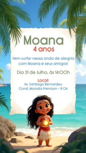 Convite de Aniversário Moana para Editar Online e Imprimir