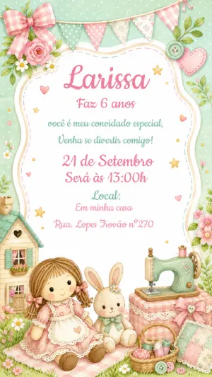 Convite de Aniversário Boneca de Pano e Coelhinha Editável