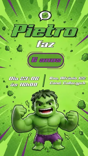 Convite de Aniversário Hulk Infantil Verde para Editar Online