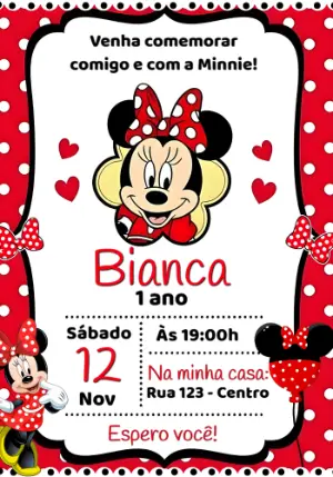 Convite de Aniversário Minnie Vermelha para Editar Online