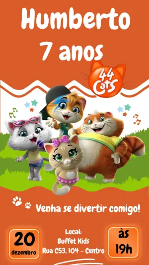 Convite Digital 44 Gatos: Modelo de Aniversário para Editar