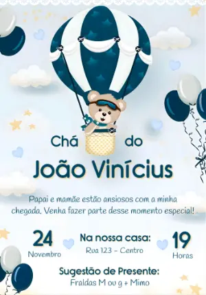 Convite Chá de Bebê Ursinho Baloeiro Azul Modelo Editável
