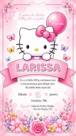 Convite de Aniversário Hello Kitty Jardim Encantado Editável