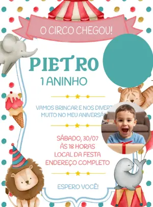 Convite de Aniversário Circo Aquarela com Foto para Editar