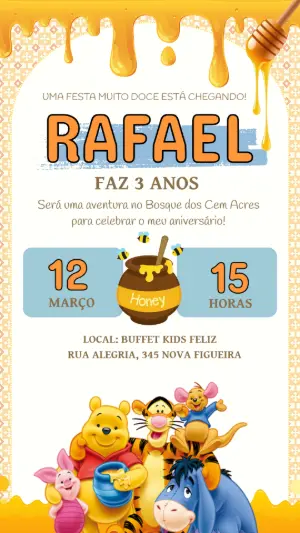 Convite Digital Festa Ursinho Pooh com Mel para Editar