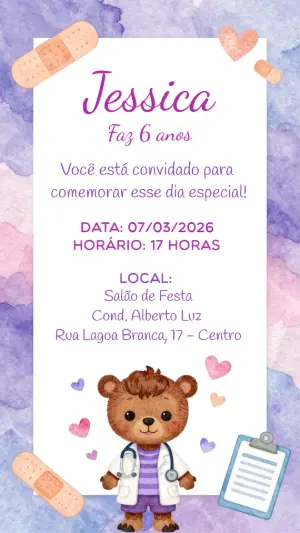 Convite Digital Infantil Tema Ursinho Doutor para Editar
