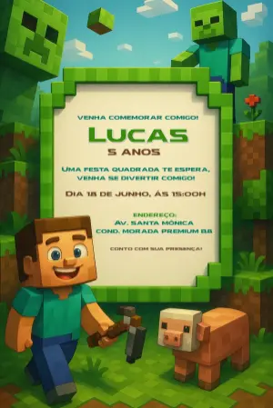 Convite de Aniversário Minecraft com Personagens para Editar