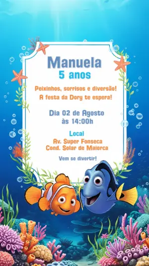 Convite Aniversário Procurando Dory e Nemo para Editar Online
