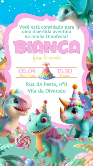 Convite Dinofesta Menina Baby Colorido Editável