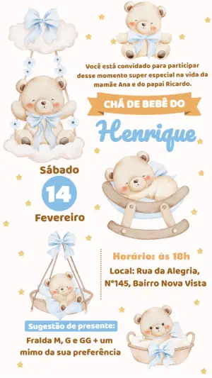 Convite Chá de Bebê Ursinho Aquarela Azul para Editar Online