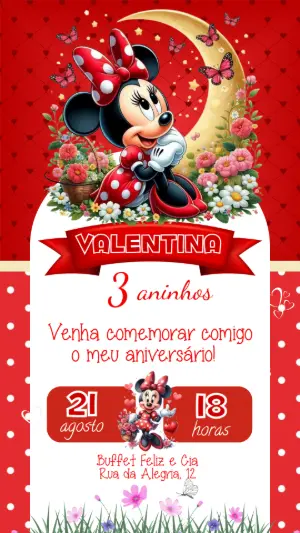 Convite de Aniversário Minnie Vermelha para Editar Online
