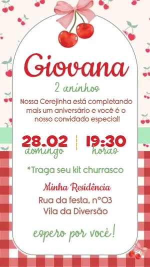 Convite de Aniversário Cerejinha Fofo para Editar