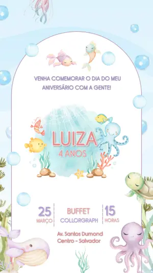 Convite Aniversário Fundo do Mar com Animais para Editar Online