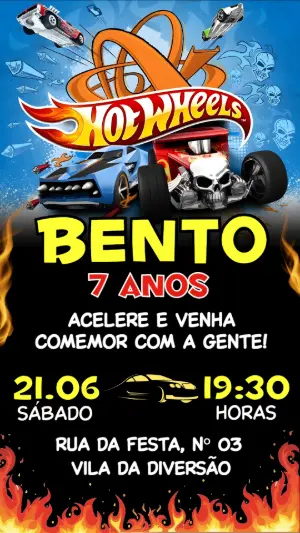 Convite de Aniversário Hot Wheels com Carros para Editar