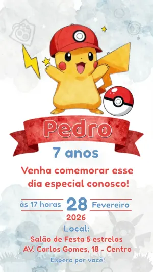 Convite Digital Aniversário Infantil Tema Pokémon para Editar