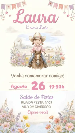 Convite de Aniversário Cowgirl Aquarela Delicado para Editar