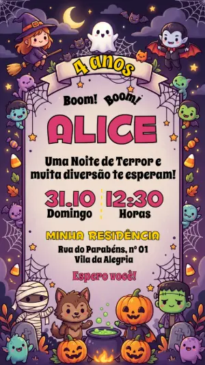 Convite de Aniversário Halloween Fofo com Monstros Editável