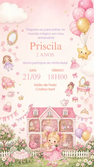Convite de Aniversário Casa de Boneca Aquarela para Editar