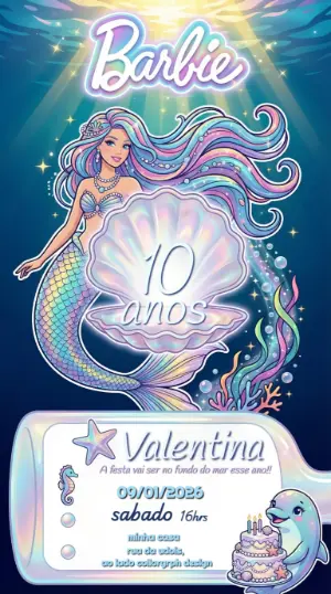 Convite de Aniversário Barbie Sereia Fundo do Mar para Editar