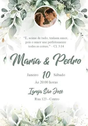 Convite Digital Casamento Elegante com Folhagens para Editar