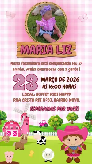 Convite de Aniversário Fazendinha Rosa com Foto para Editar