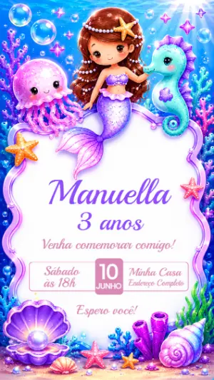 Convite de Aniversário Sereia Fundo do Mar Editável