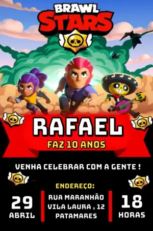 Convite de Aniversário Brawl Stars com Personagens para Editar Online