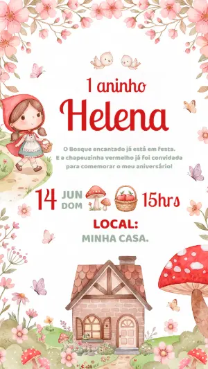 Convite de Aniversário Chapeuzinho Vermelho Aquarela Editável