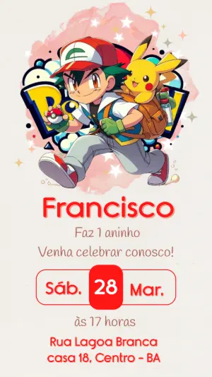 Convite de Aniversário Pokémon Ilustrado para Editar