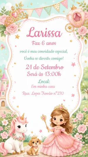 Convite Aniversário Princesa e Unicórnio Modelo Editável