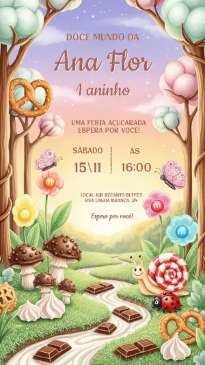 Convite de Aniversário Mundo Doce Editável Online