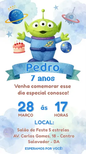 Convite de Aniversário Infantil Alien Espacial para Editar