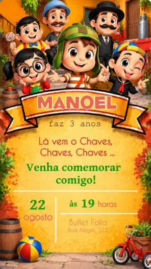 Convite de Aniversário Turma do Chaves 3D para Editar Online