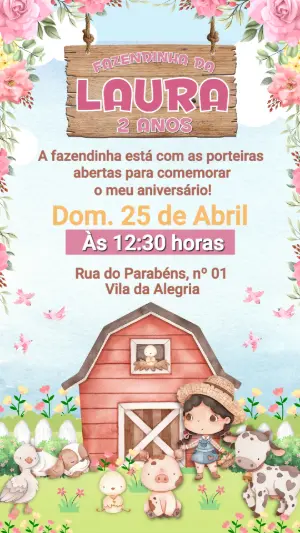 Convite de Aniversário Fazendinha Menina Aquarela Editável