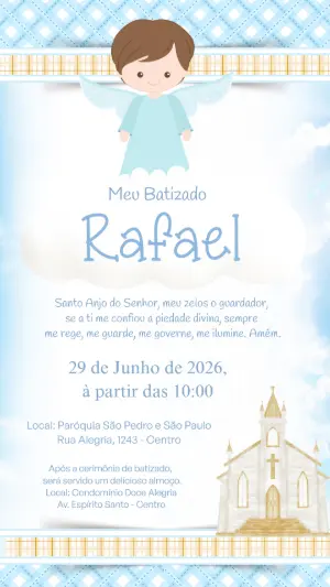 Convite de Batizado Menino Anjinho Azul Modelo Editável