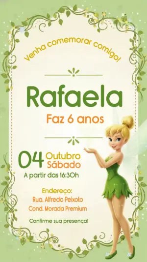 Convite Digital Aniversário Infantil Tema Fada Sininho para Editar