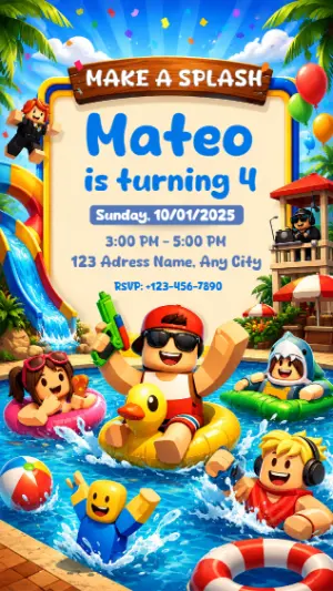 Editable Roblox Pool Party Birthday Invitation for Kids