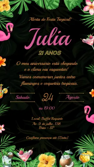 Convite de Aniversário Tropical com Flamingos para Editar